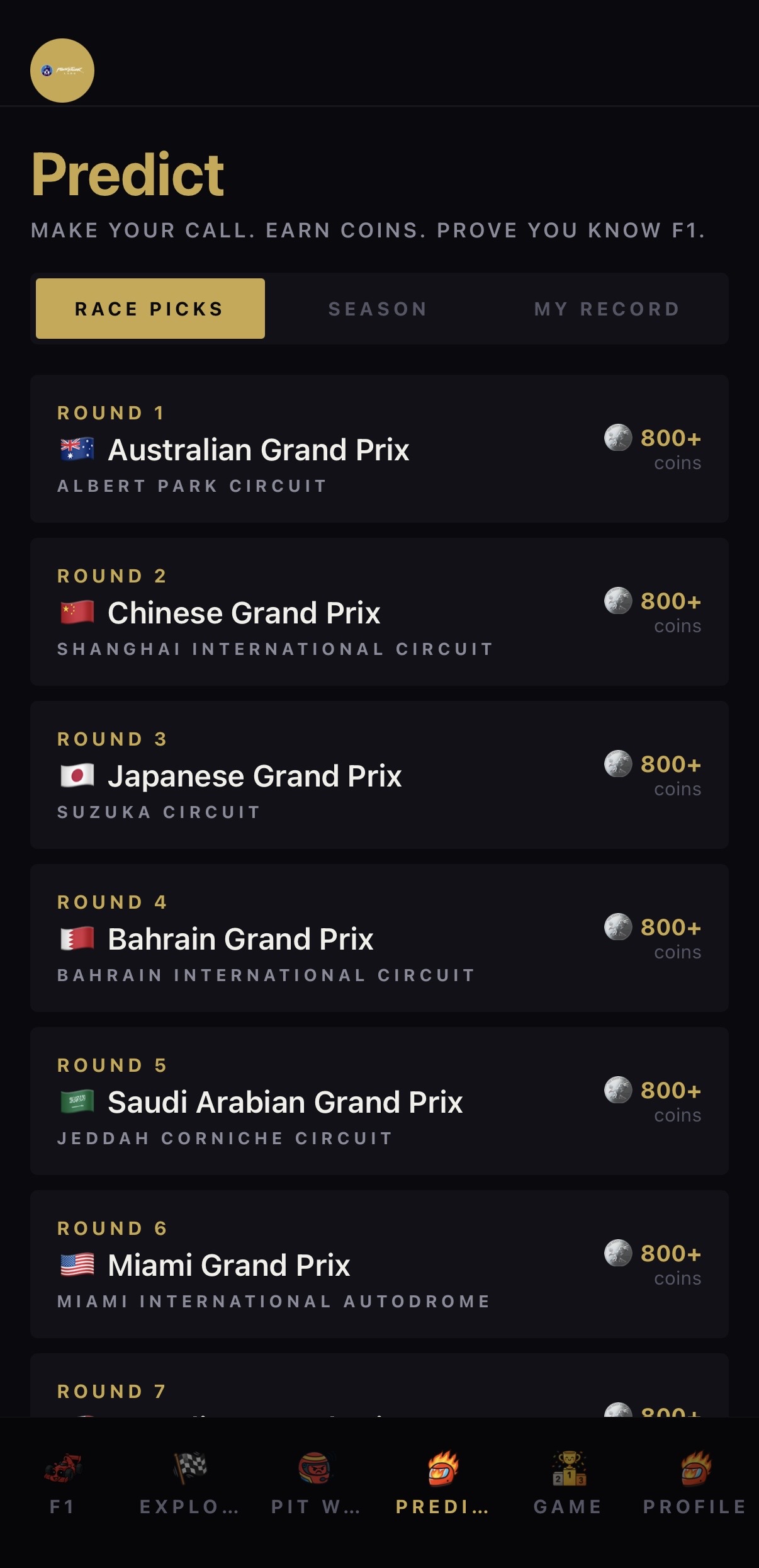 Race predictions screen for podium, DNF, and fastest lap