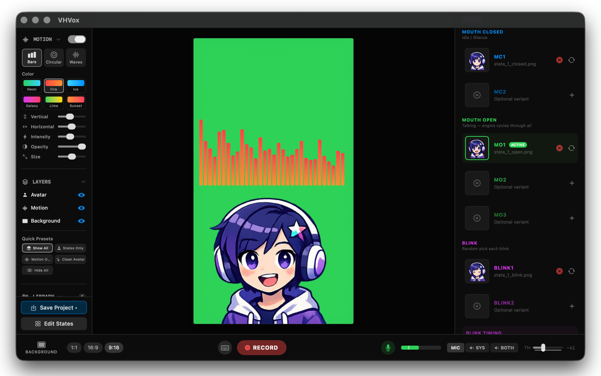 VHVox portrait 9:16 recording with avatar and Bars visualizer